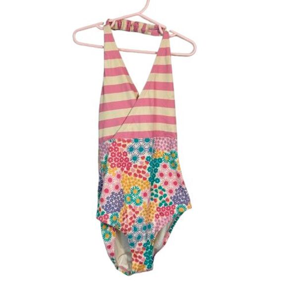 Hanna Andersson Girls Halter One Piece Swim Suit 10 140 Pink Flowers Stripe - Picture 1 of 7